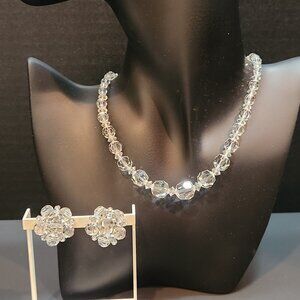 Vintage Clear Round Faceted Crystal Graduated Necklace & Clip Earring Set